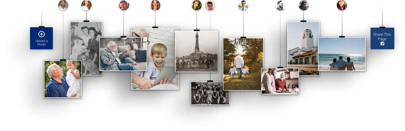 A collage of hanging family photos and decorative ornaments on a white background.