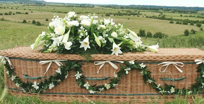 Wicker funeral casket with white lilies and greenery, set in a grassy countryside field