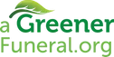 AGreenerFuneral.org logo in green with a leaf and stylized house roof icon