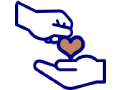 Blue icon of two hands passing a small brown heart, symbolizing care or support