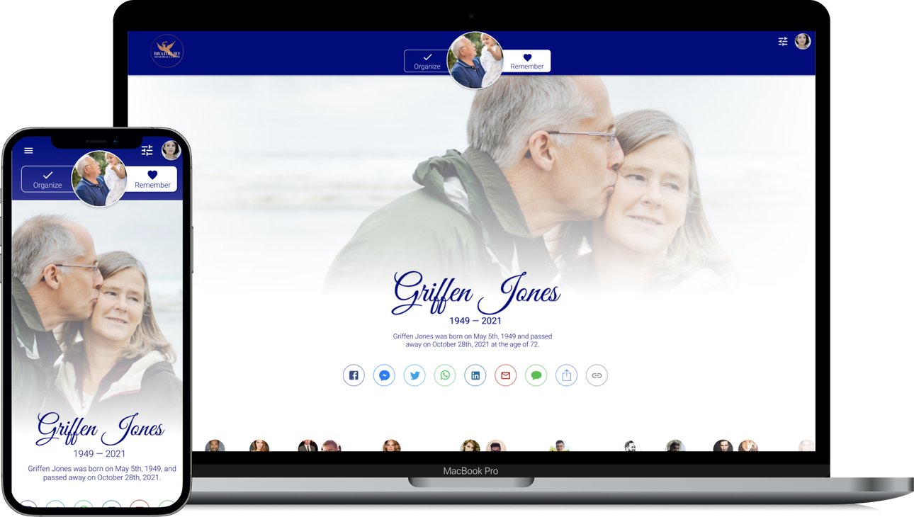 Website displayed on a phone and laptop, featuring an elderly couple on a white and blue home page