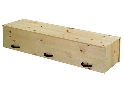 Simple wooden coffin with black handles on a white background