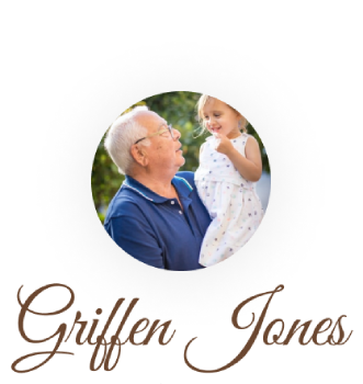 Griffen Jones in brown script below a circular photo of a man holding a smiling child