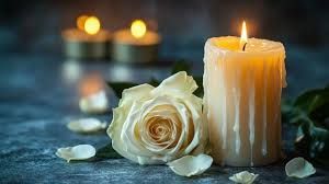 Lit white candles glowing softly against a blurred light background