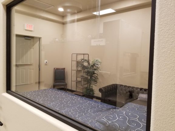Empty glass-walled room with blue patterned carpet, a chair, potted plant, and exit door