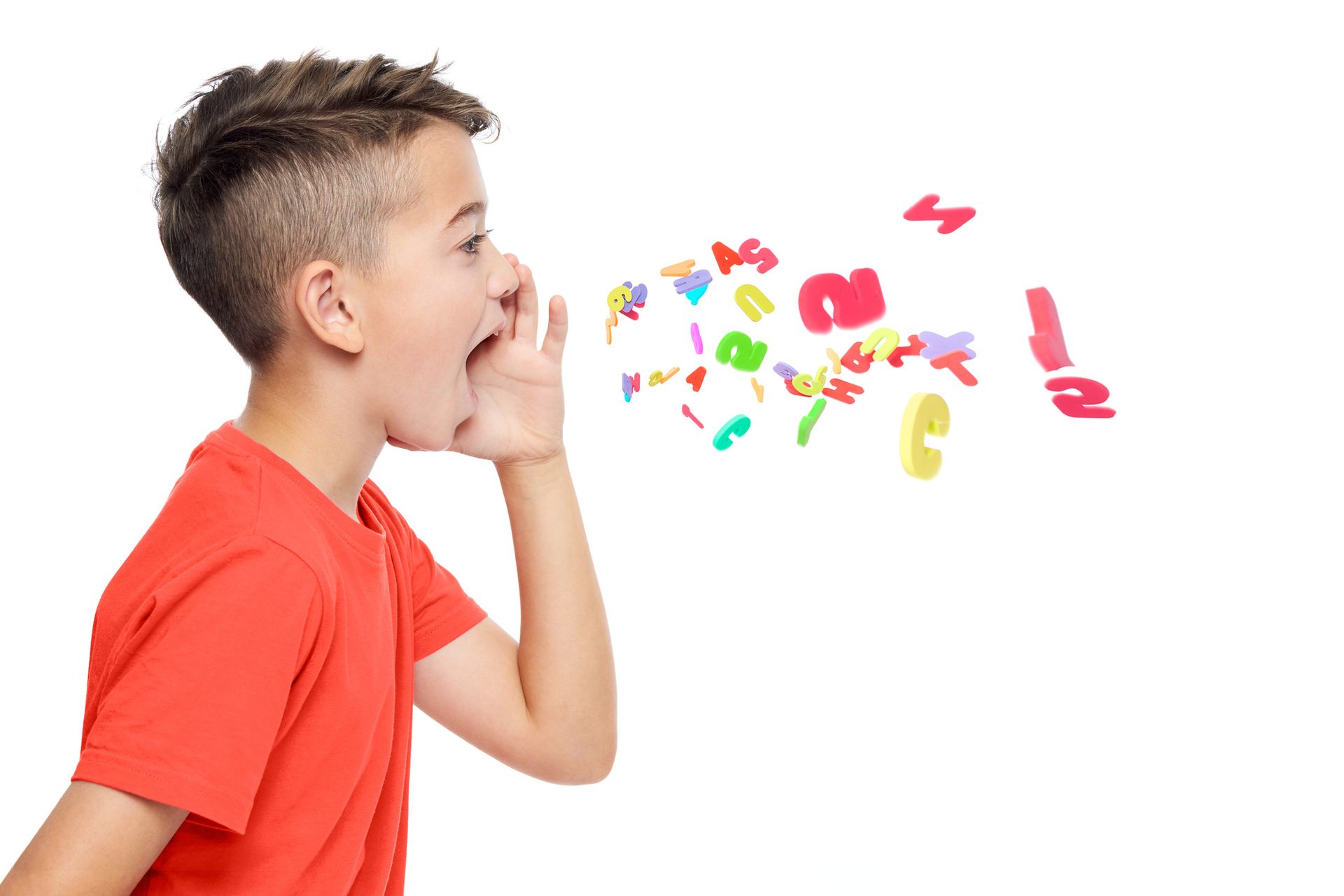 A young boy is shouting with letters coming out of his mouth. A young boy is shouting with letters coming out of his mouth.
