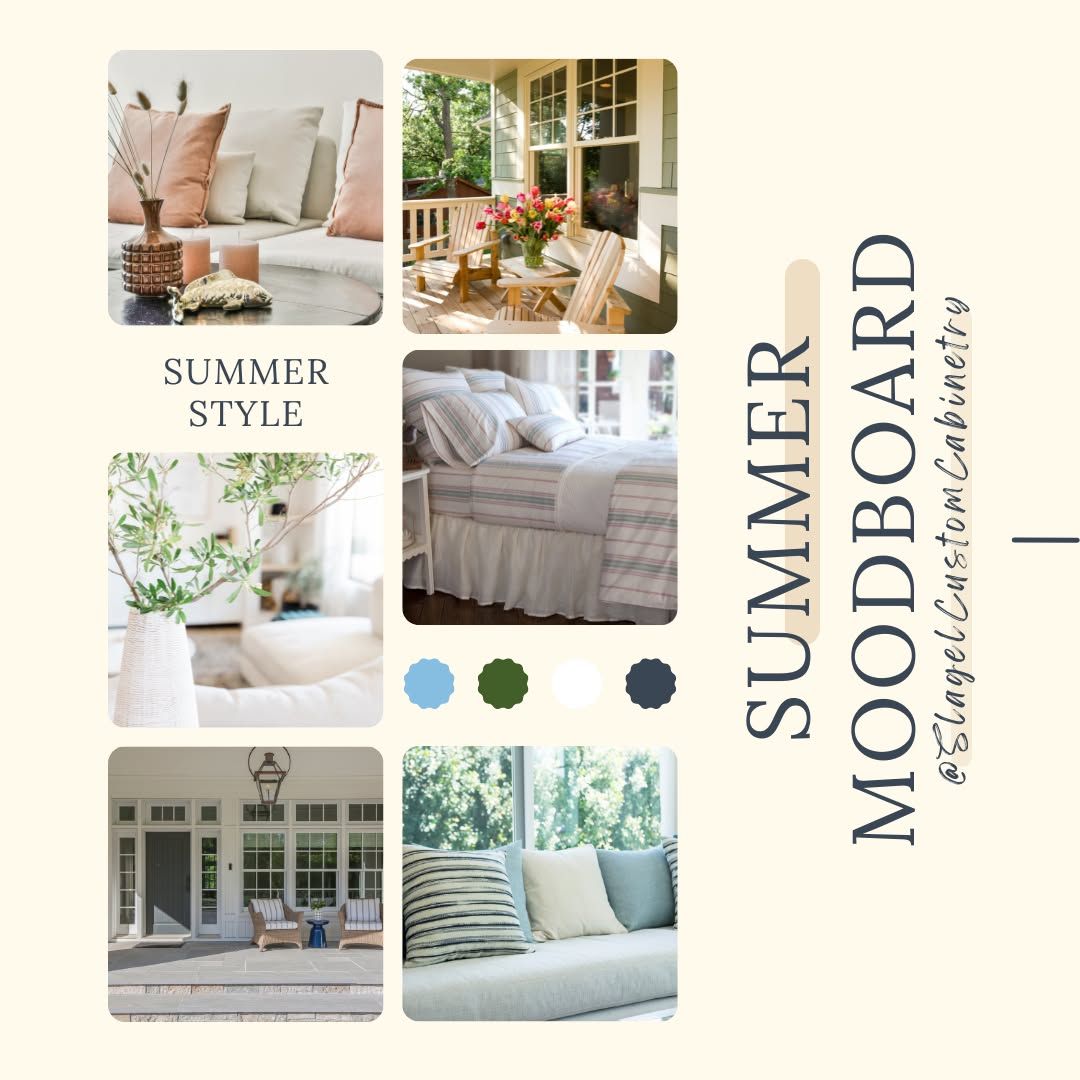 Summer style moodboard with pastel patio and bedroom decor, greenery, and airy home interiors