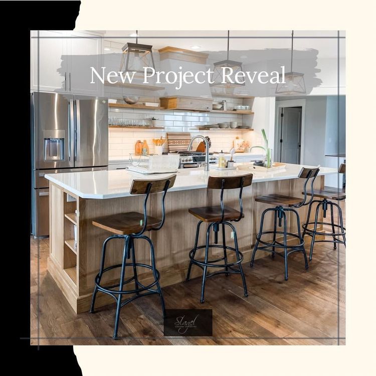Bright modern kitchen with white island, black stools, and text “New Project Reveal” overlaid.
