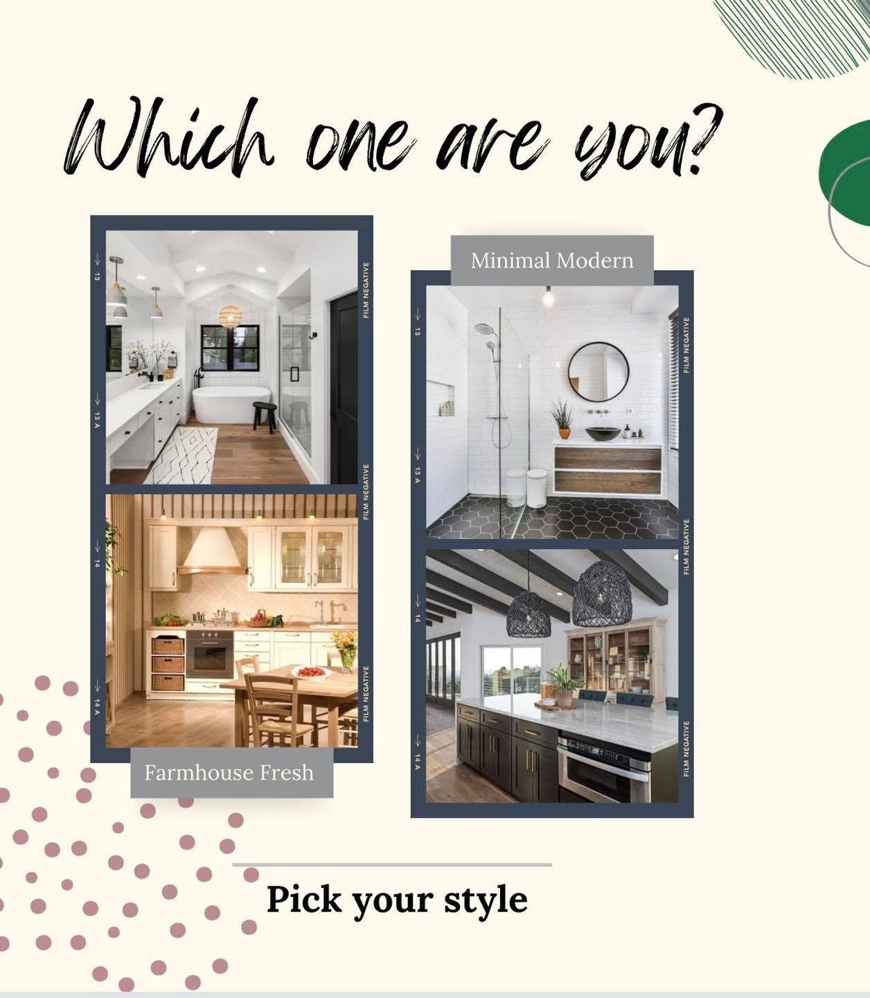 Style selection graphic showing two interior decor options with the text “Which one are you? Pick your style.”