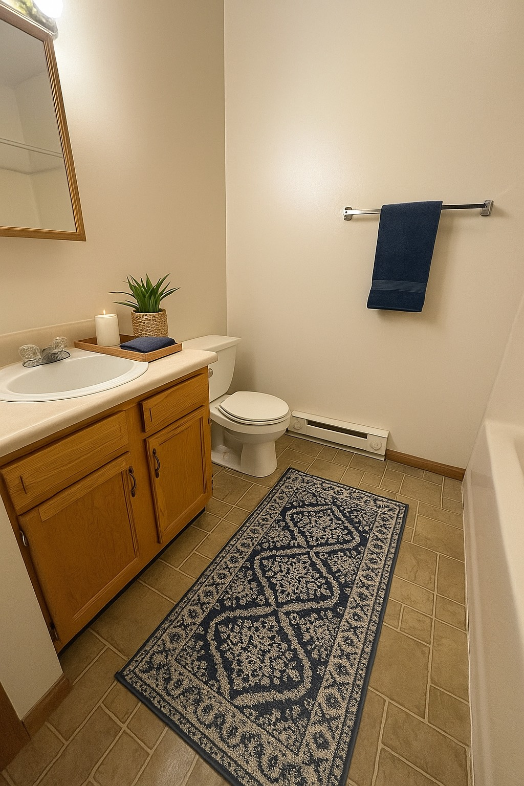 A bathroom with a toilet , sink , and rug.
