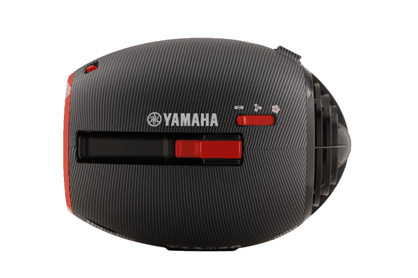 A black and red yamaha speaker on a white background.