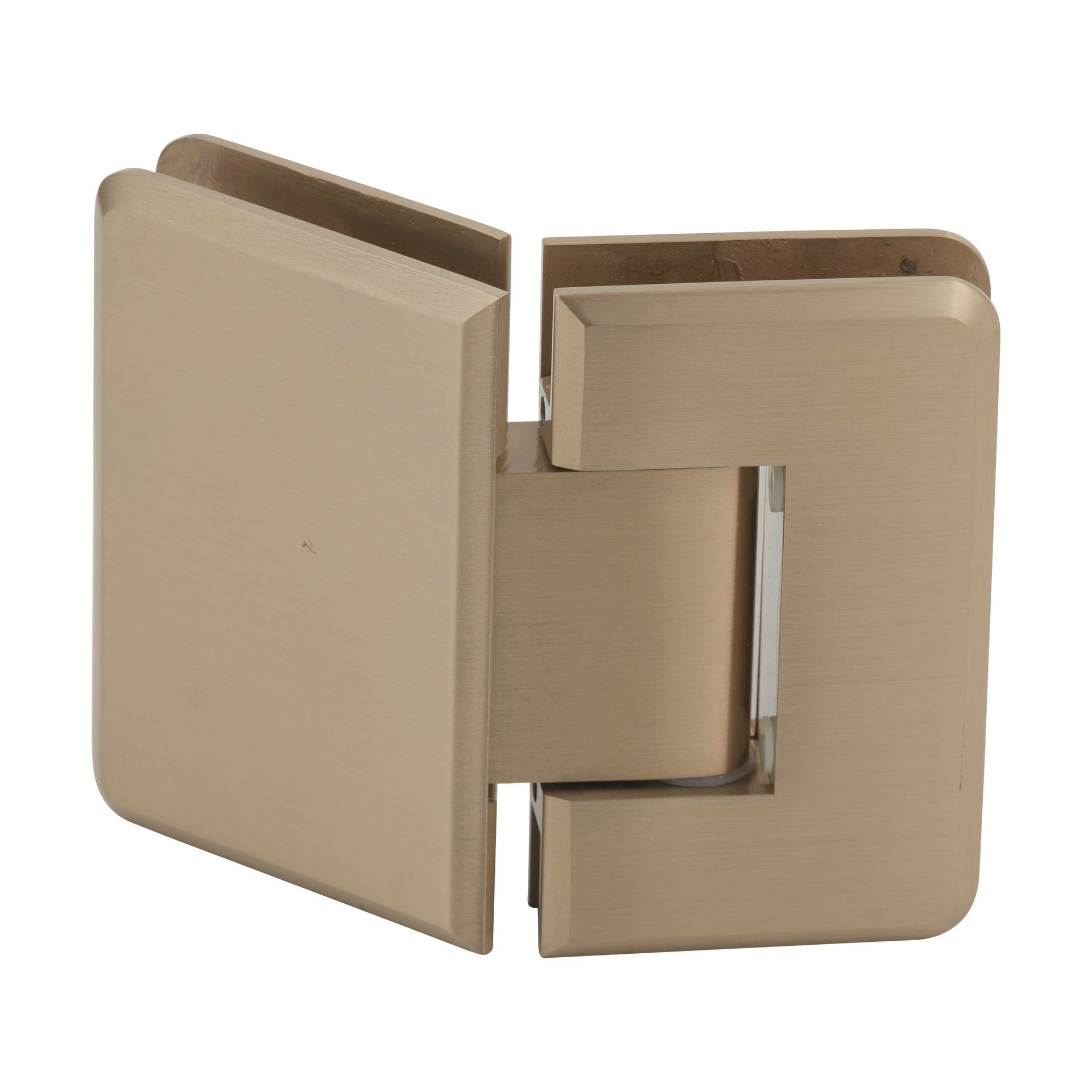 A close up of a glass door hinge on a white background.