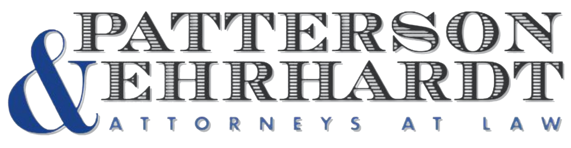 Logo for Patterson & Ehrhardt, Attorneys at Law, featuring dark blue 