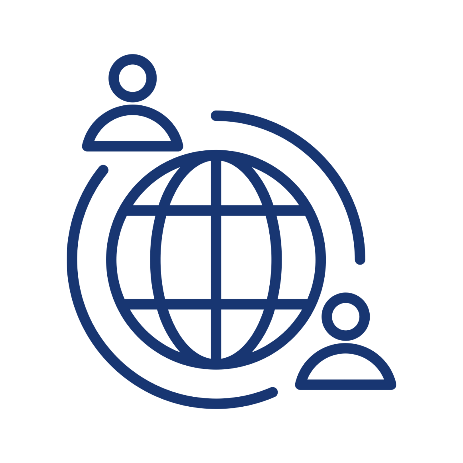 Two figures connected to a globe by a curved line, representing global connection.