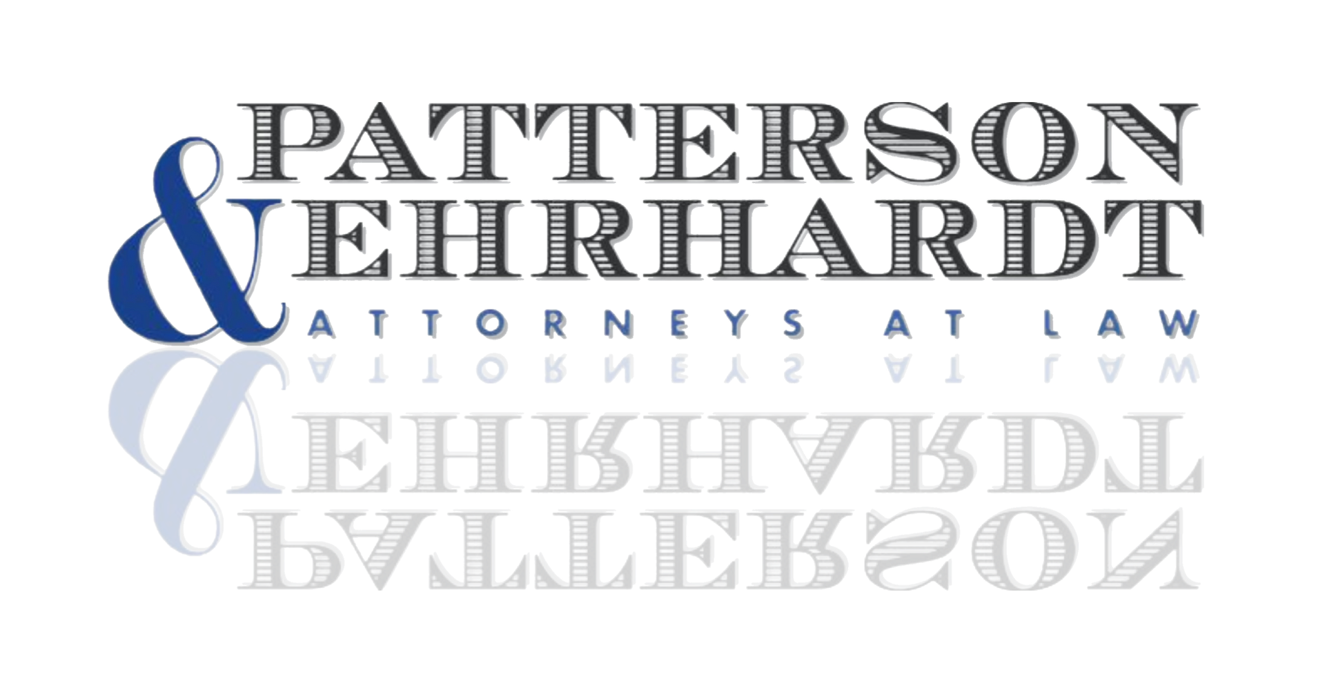 Logo for Patterson & Ehrhardt, Attorneys at Law, featuring text in blue and gray with reflection.