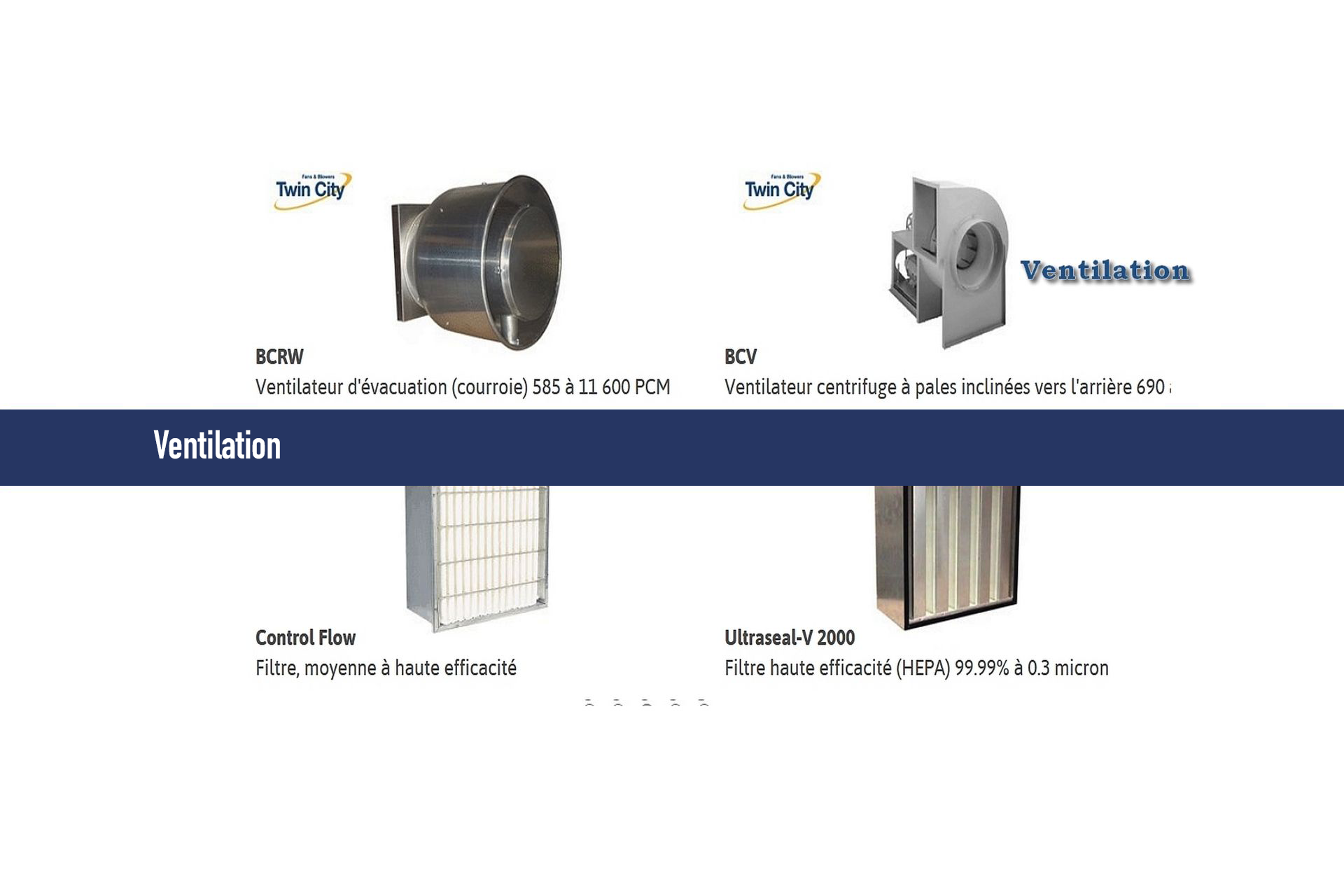 Équipements de ventilation : ventilateurs, filtres. Barre bleu foncé intitulée « Ventilation ».