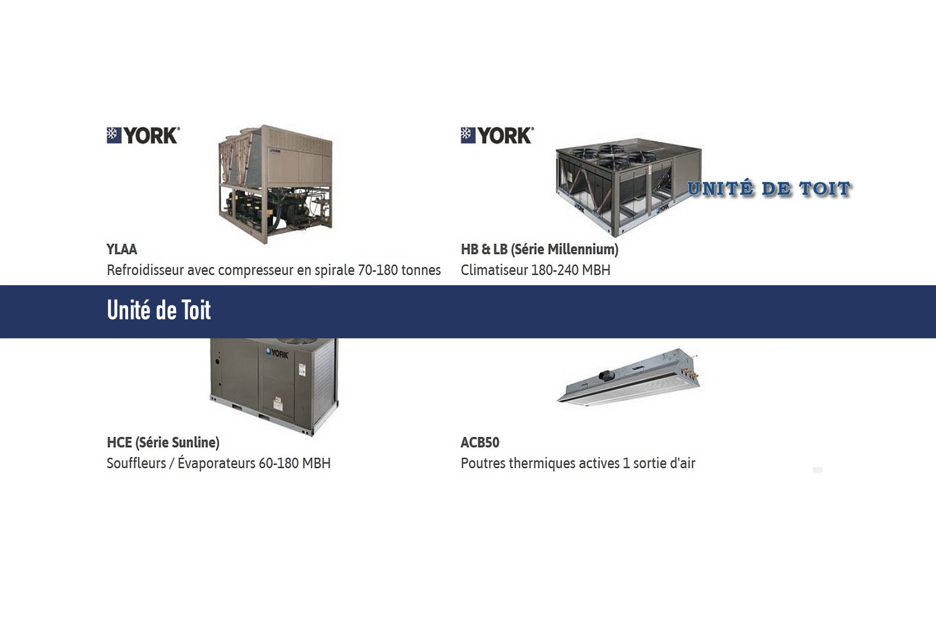 Quatre unités de chauffage, de ventilation et de climatisation sur le toit. Deux unités York et deux autres unités étiquetées.