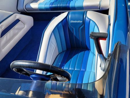 A blue and white seat with the word eliminator on it