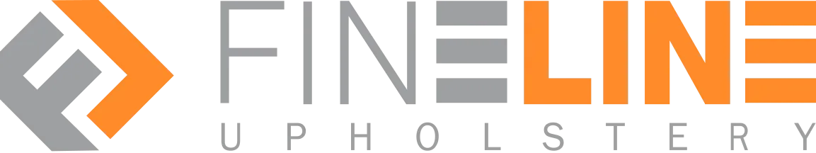 Fineline Upholstery The logo for fineline upholstery is orange and gray.