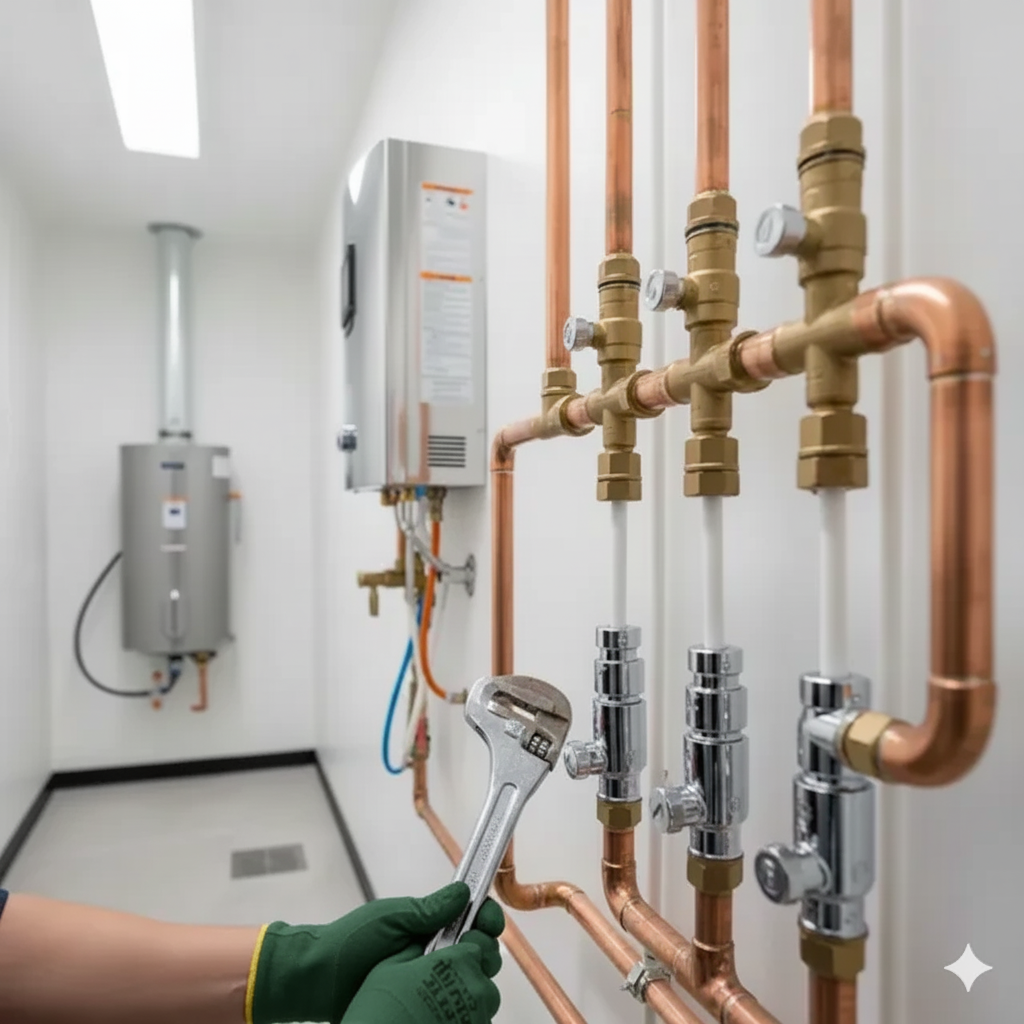 Person in green gloves adjusting plumbing with a wrench in a white room with copper pipes.