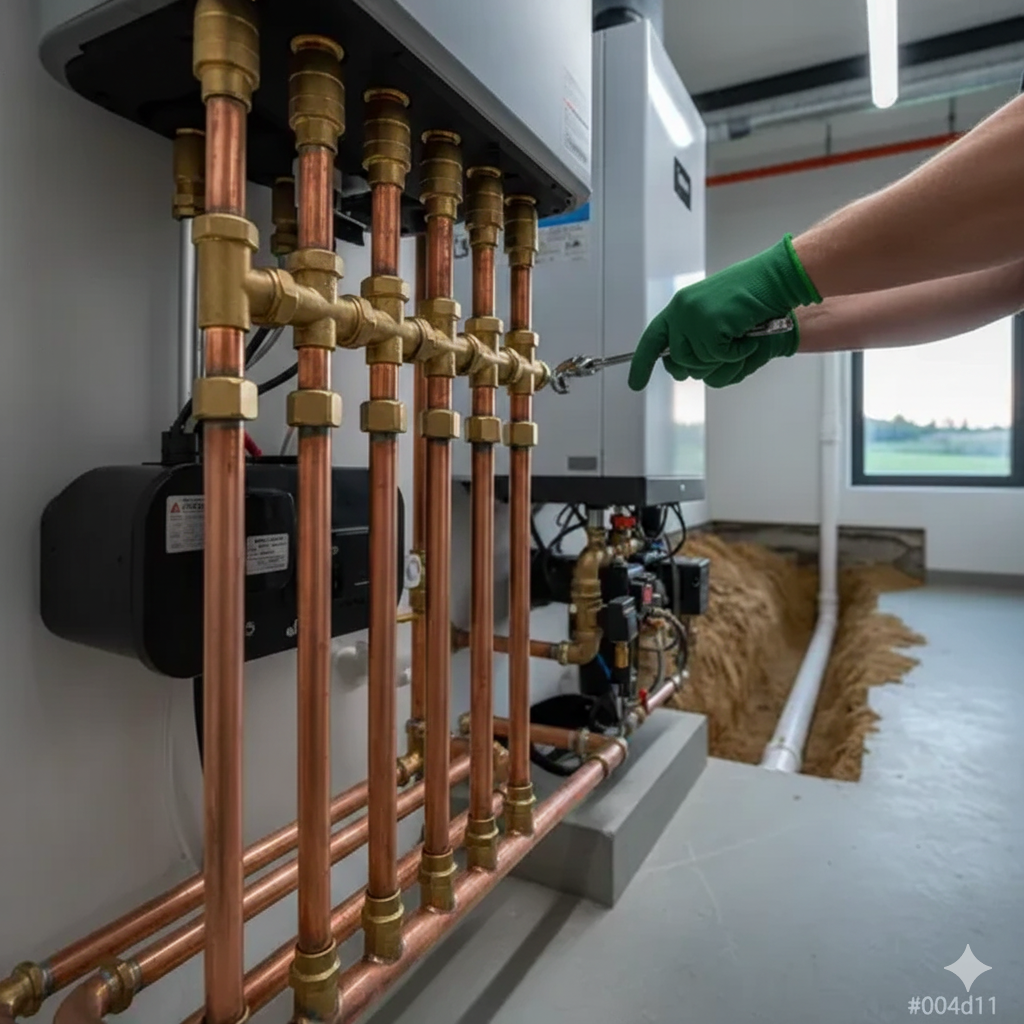 Person in green gloves adjusting copper pipes in a mechanical room.