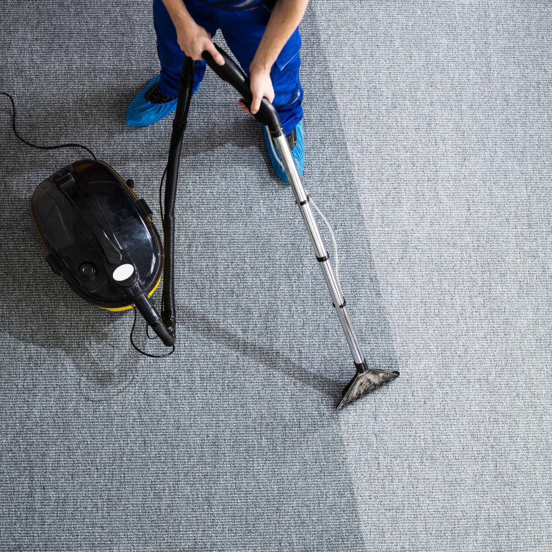 Someone steam cleaning a carpet
