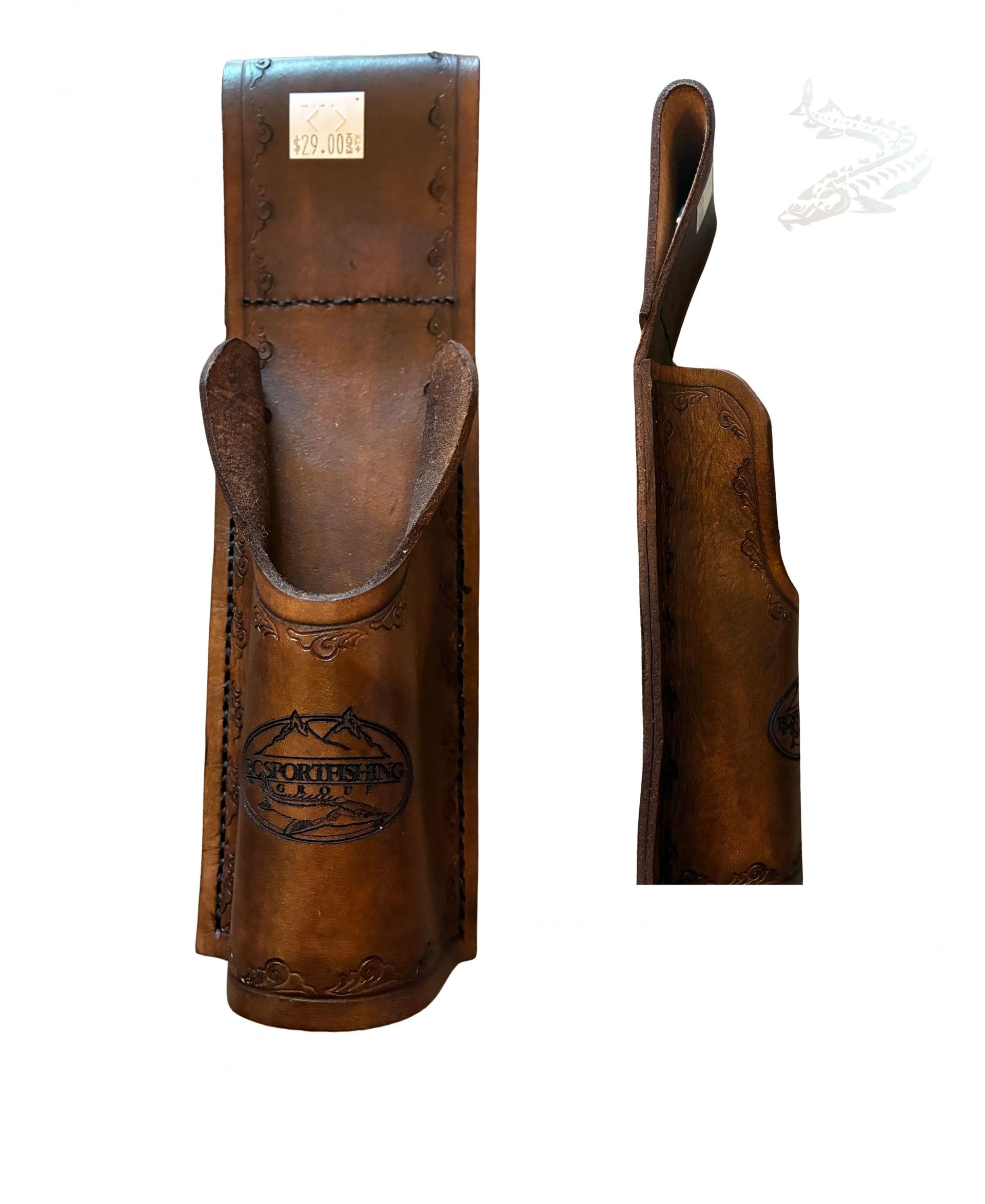 Brown leather belt rod holder shown front and side views on a white background