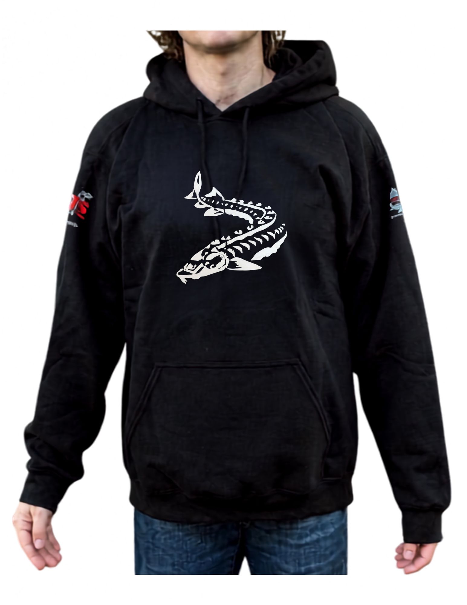 Black hoodie with a white graphic logo on the chest, worn by a person against a white background