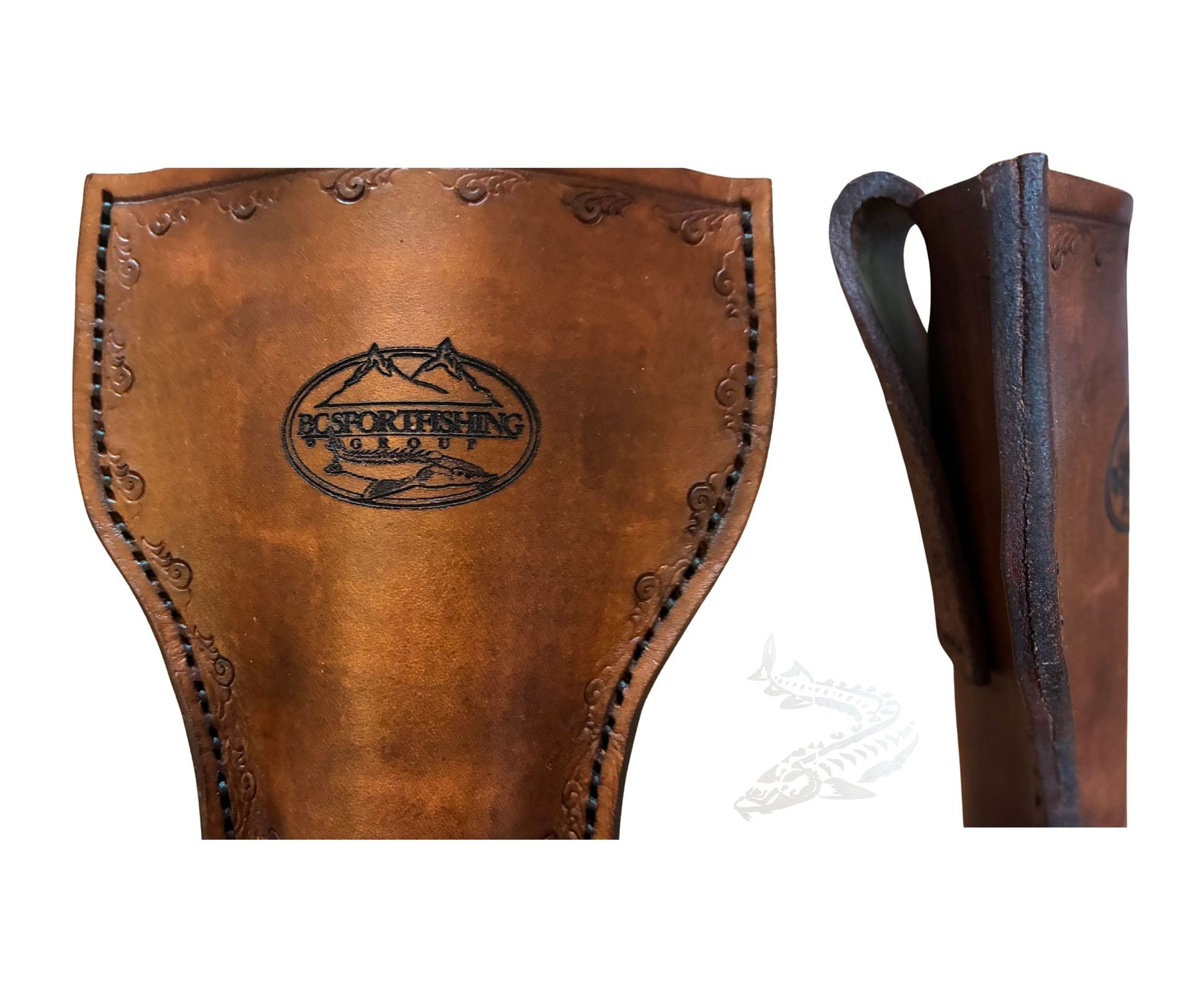 Brown leather pouch or sheath with stitched edges and oval logo, shown front and side view.
