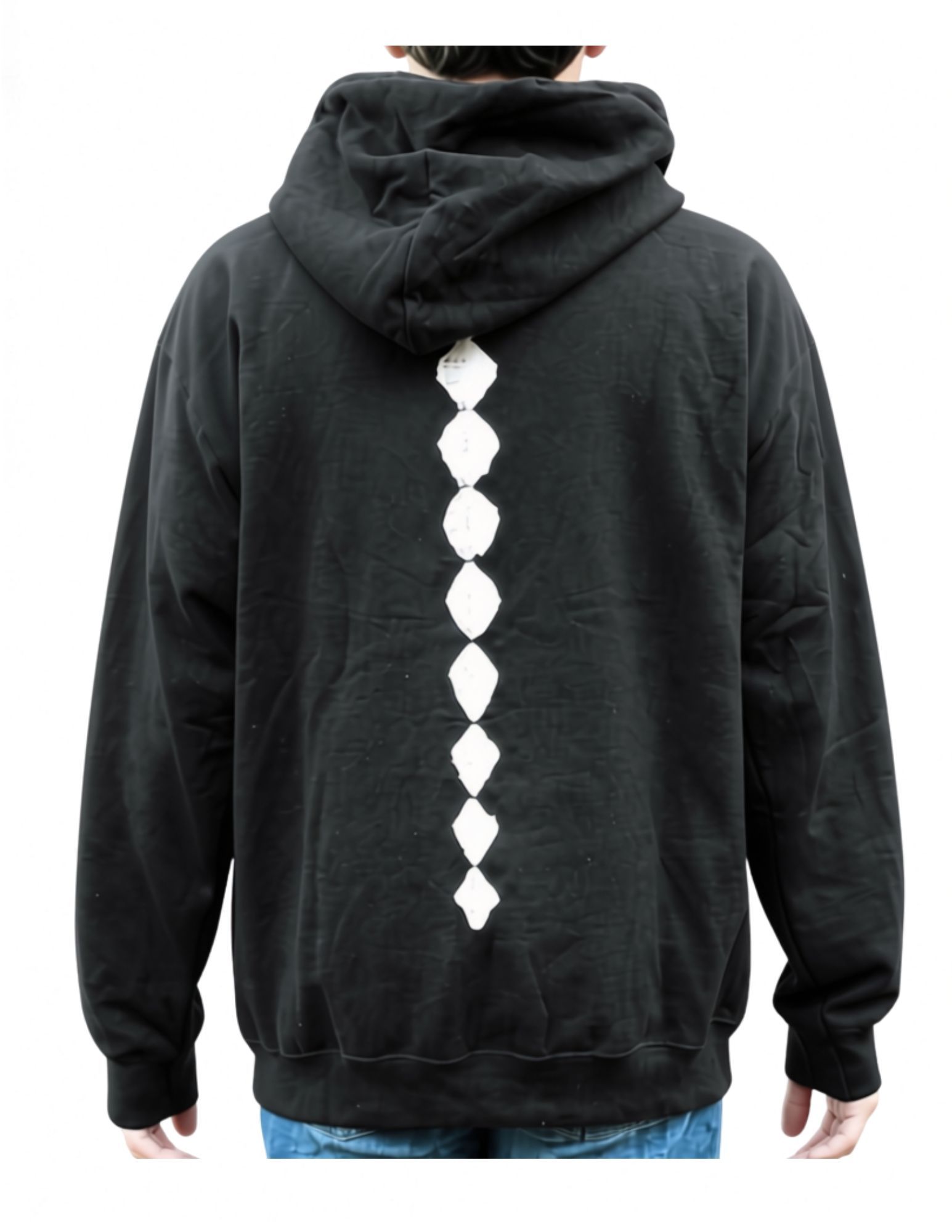 Black hoodie with a white graphic logo on the chest, worn by a person against a white background