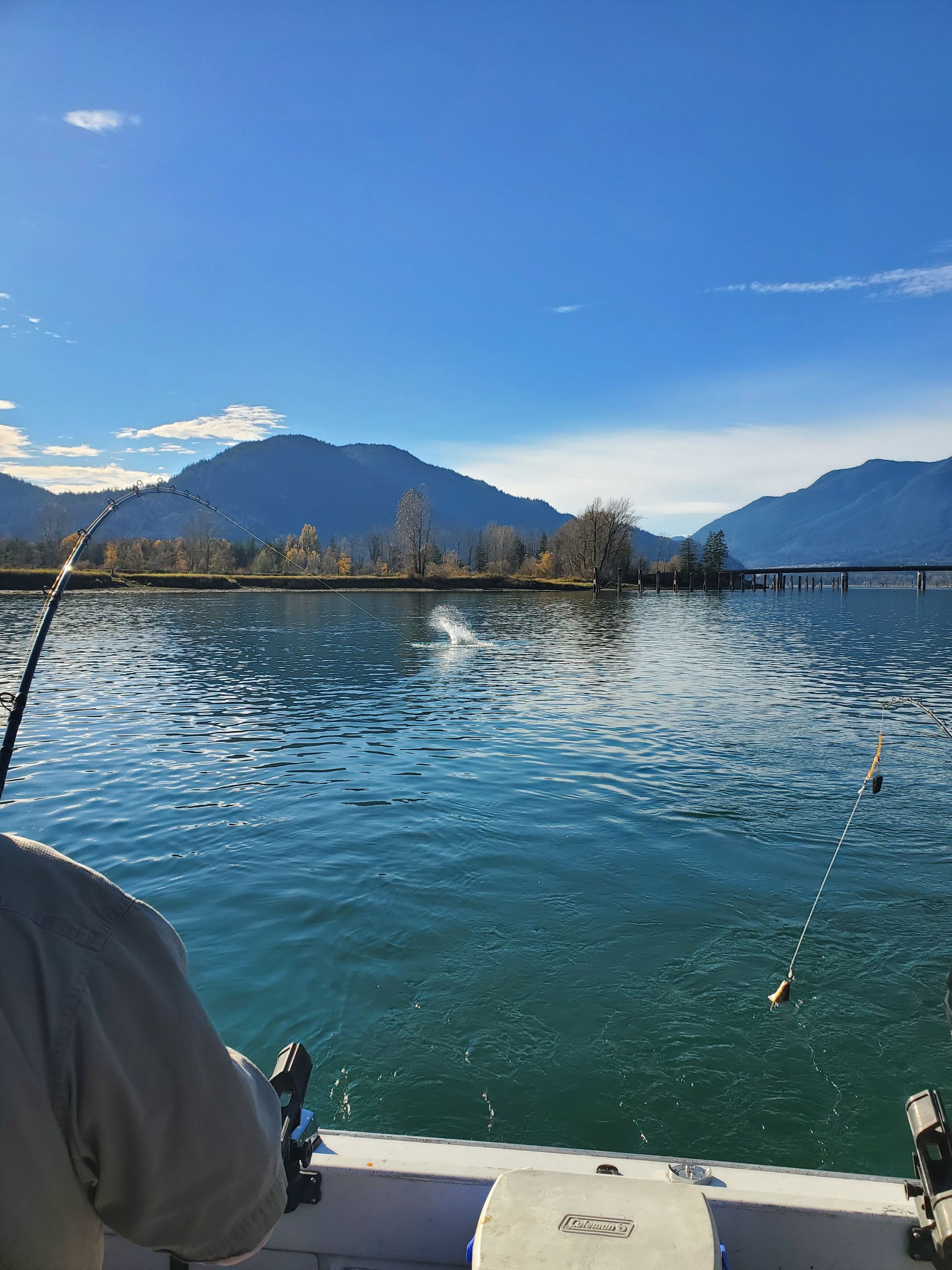 Person fishing from a boat on a sunny lake with mountains in the background