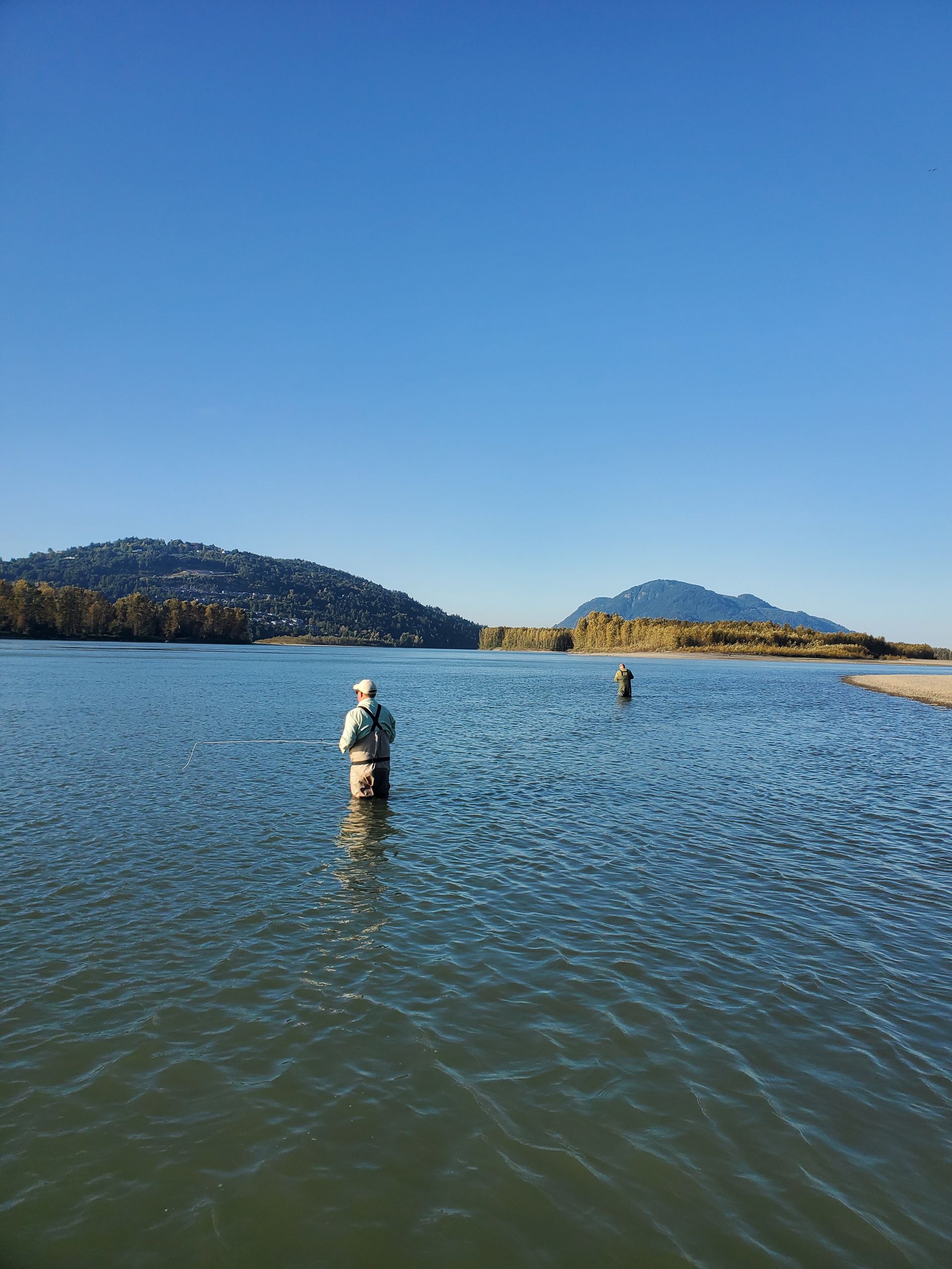 Person standing waist-deep in a lake with mountains and a clear blue sky in the background