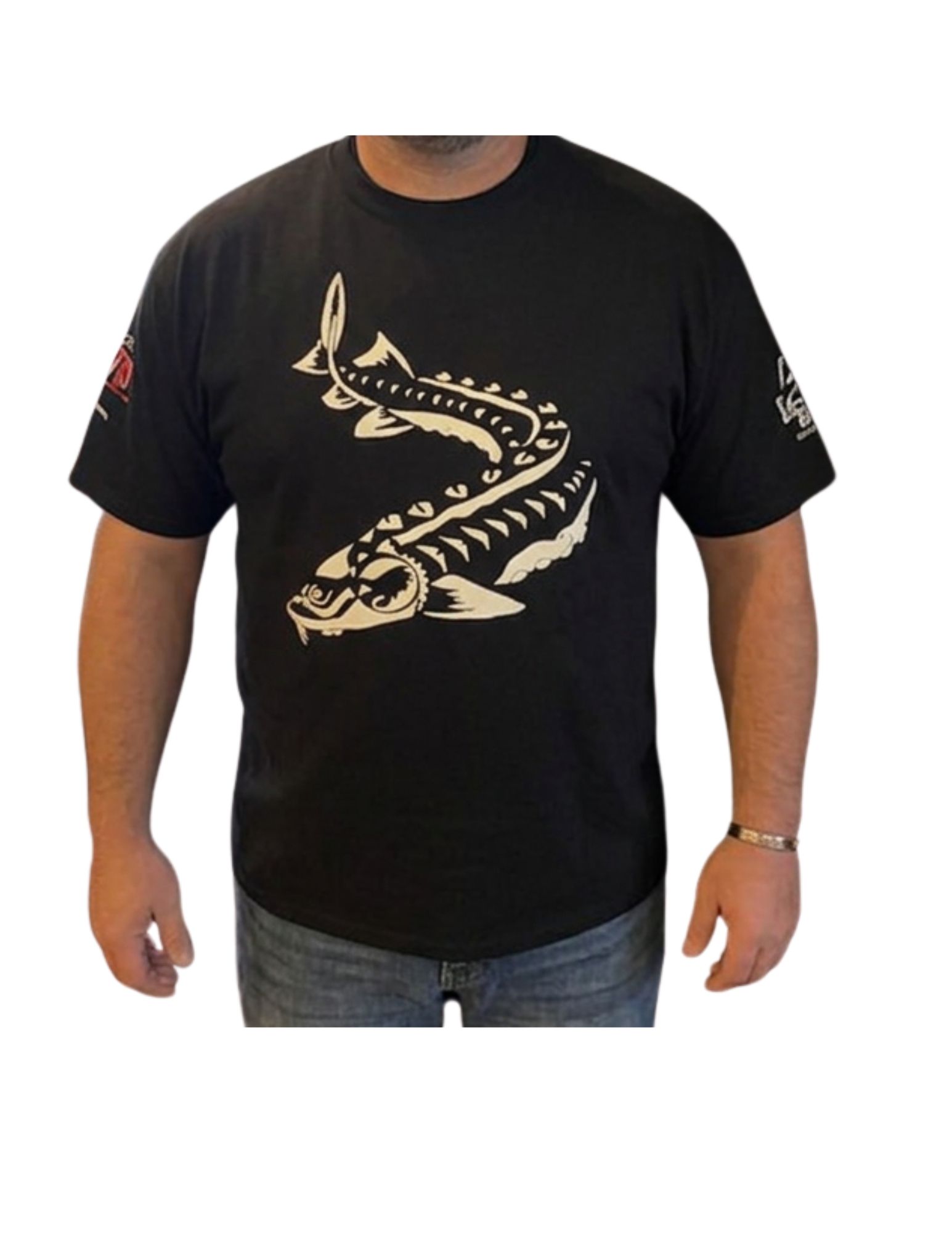 Black T-shirt with a large tan snake graphic on the front and sleeve prints, worn by a standing person.