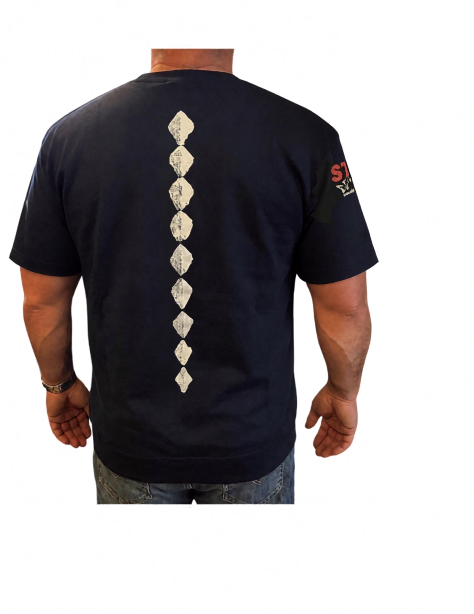 Black T-shirt with a large tan snake graphic on the front and sleeve prints, worn by a standing person.