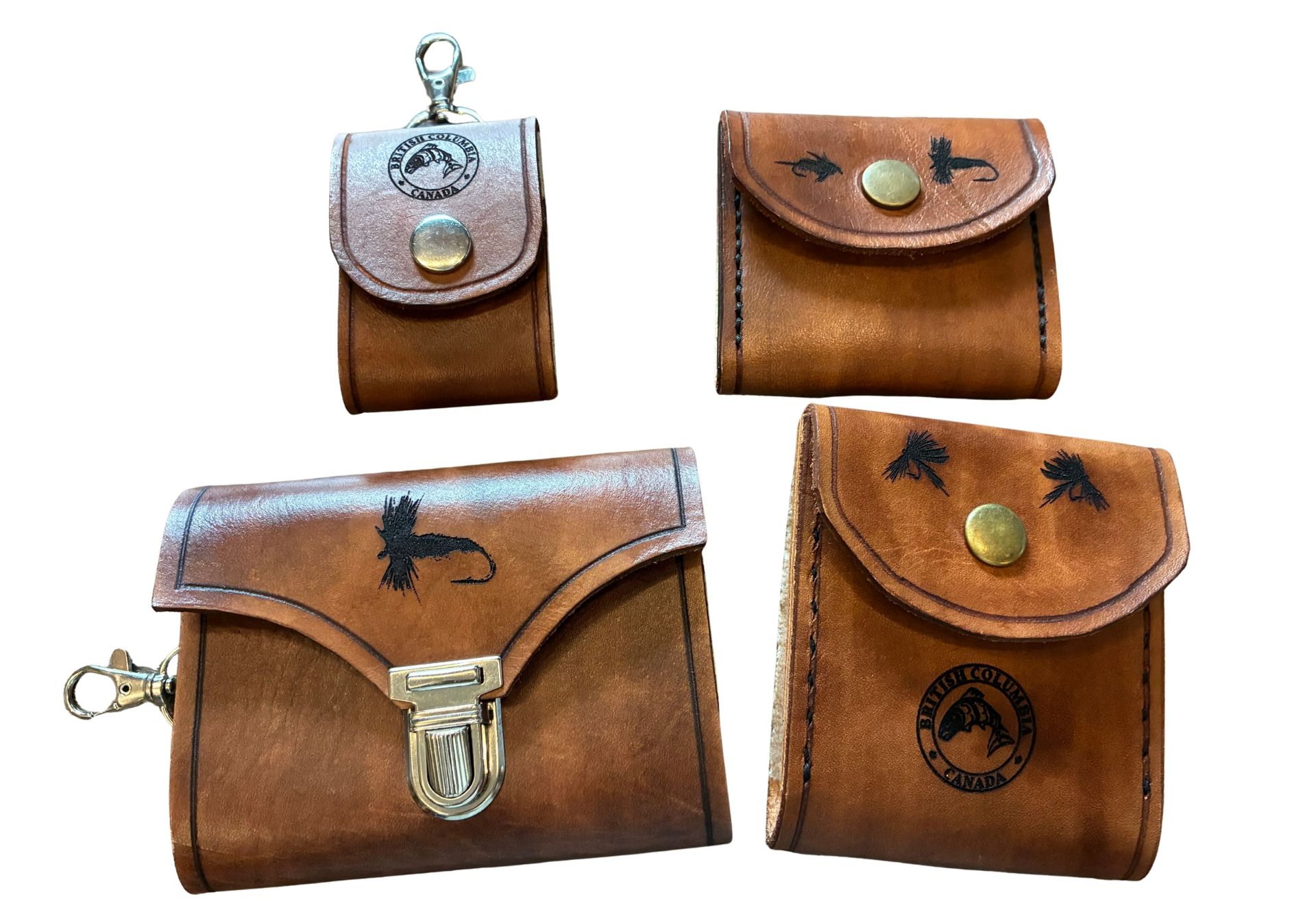 Four views of a small brown leather pouch with flap and clasp, shown from different angles.