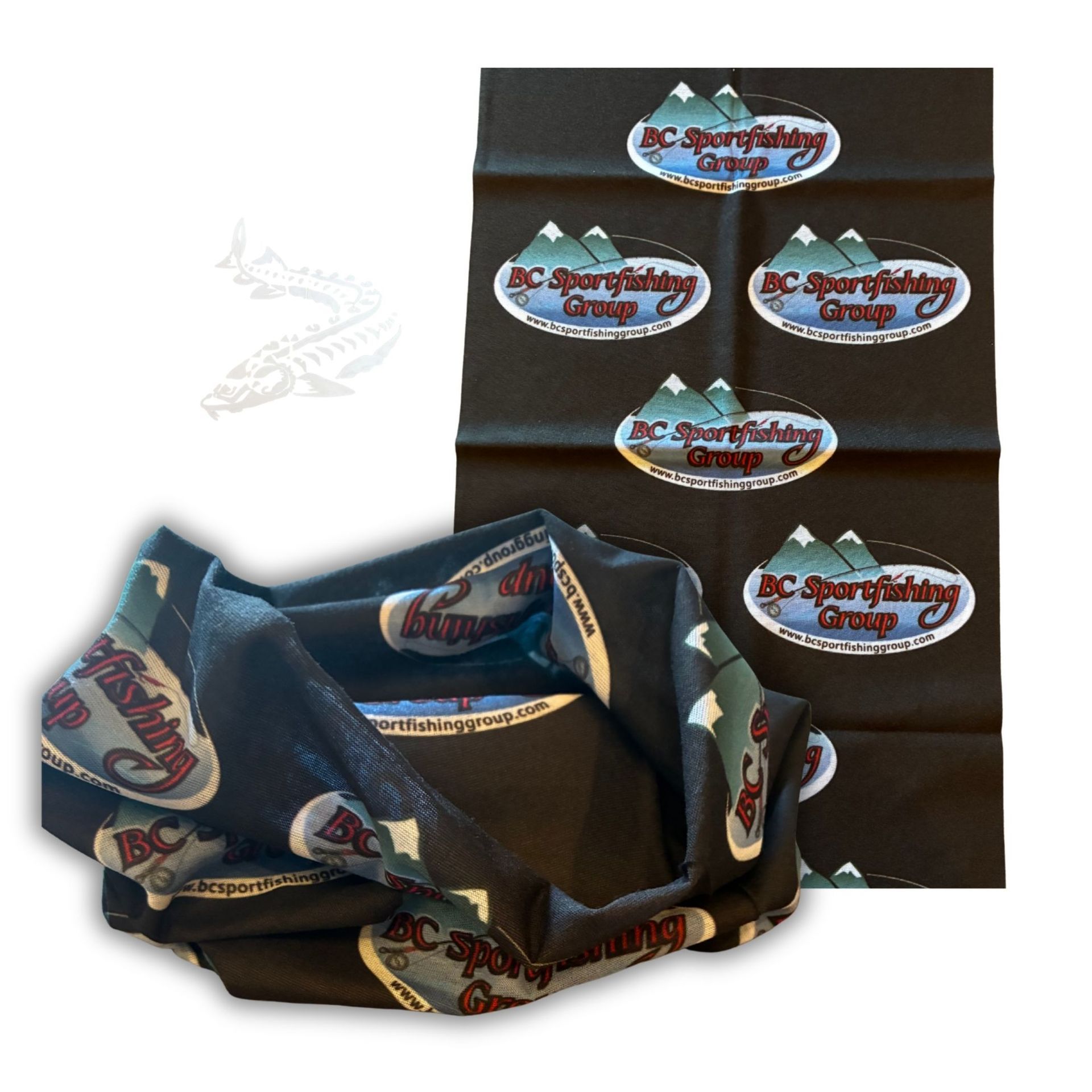 Brown and blue patterned fabric bandana with logo print, shown folded and upright on white background