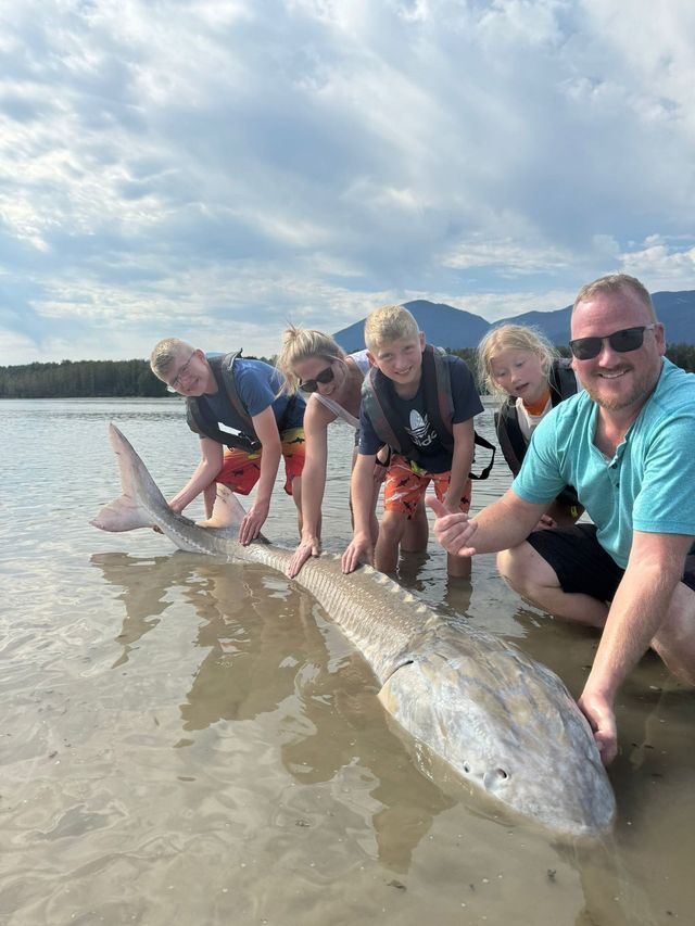 People kneel on a beach beside a large fish washed ashore under a cloudy sky.