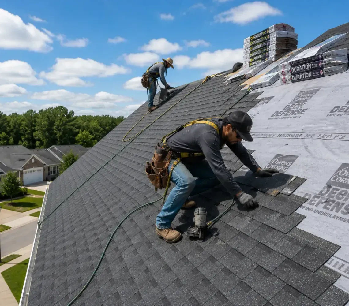 Roofers installing shingles on a steep house roof under construction