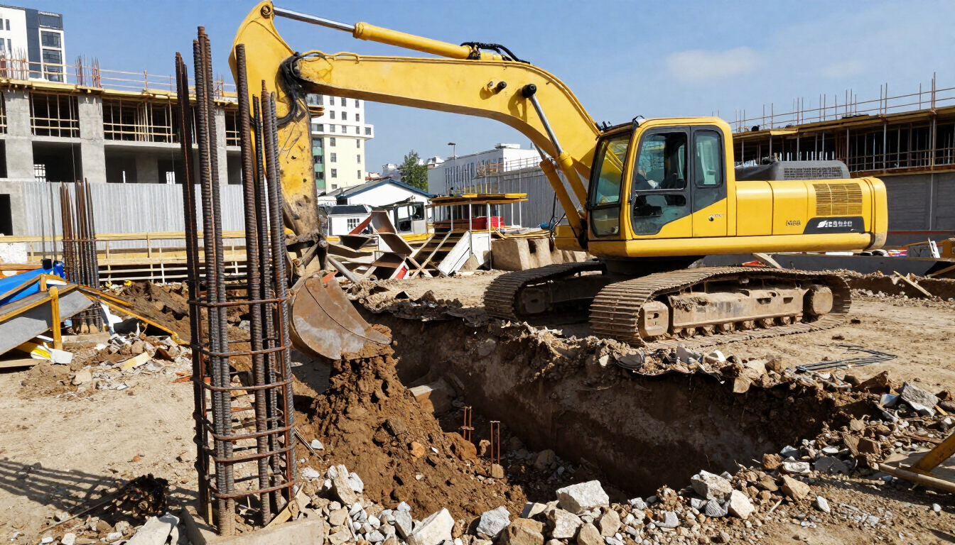 Una excavadora amarilla está removiendo tierra en una obra de construcción junto a una estructura de hormigón parcialmente construida.