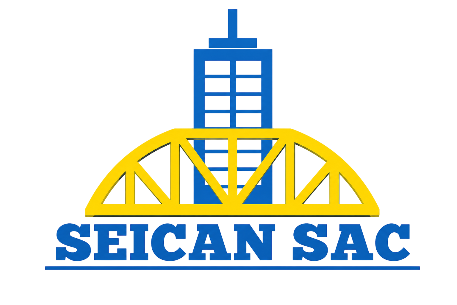 Logotipo de SEICAN SAC con edificio azul y puente amarillo sobre texto azul en negrita.