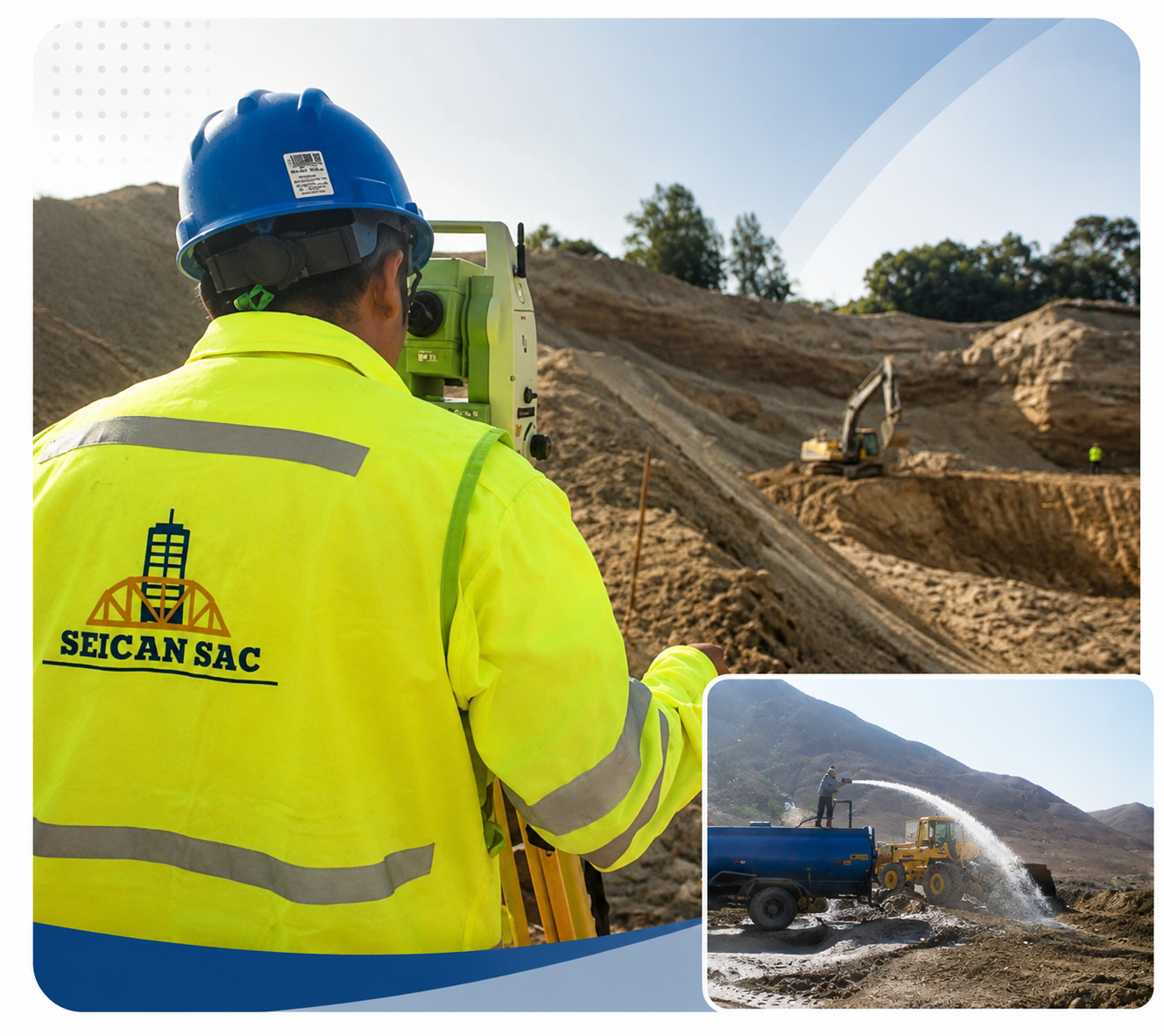 Trabajador con chaleco de seguridad amarillo y casco azul supervisando el movimiento de tierras en una obra de construcción.