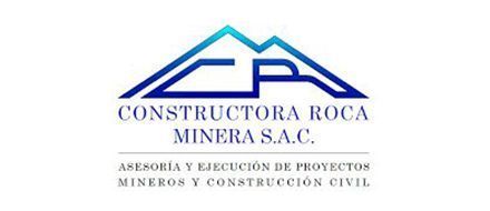 Logo de Constructora Roca Minera S.A.C. con montaña azul y texto en azul y negro.