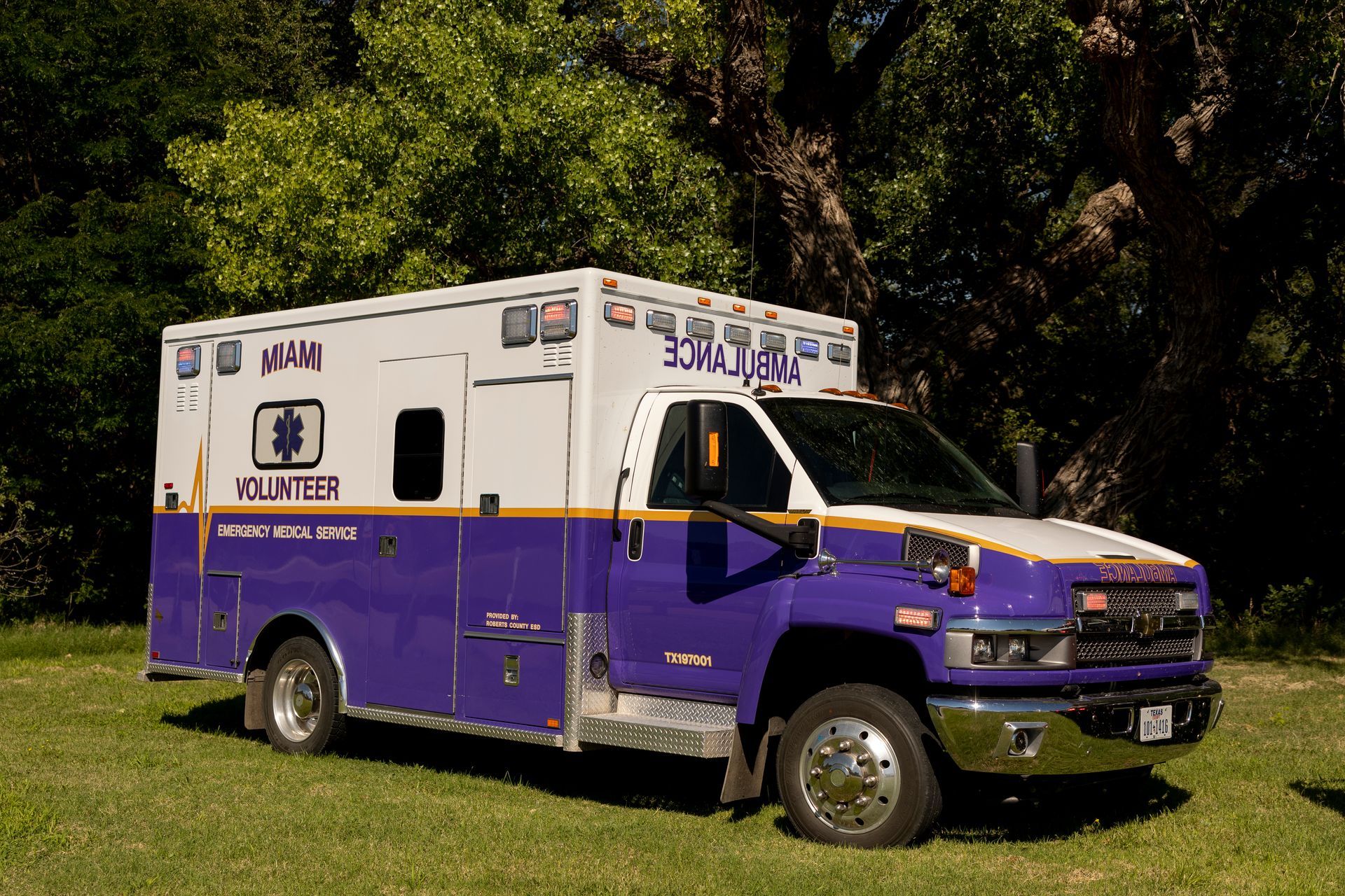 A purple and white ambulance is parked in a grassy field