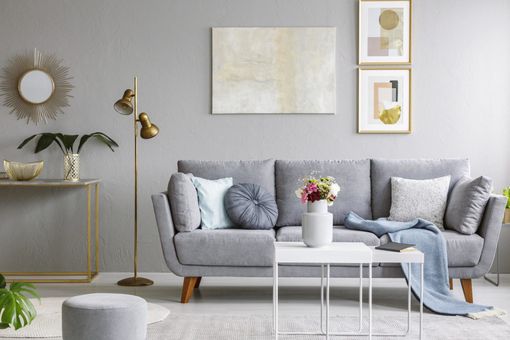 living room with chair and curtains