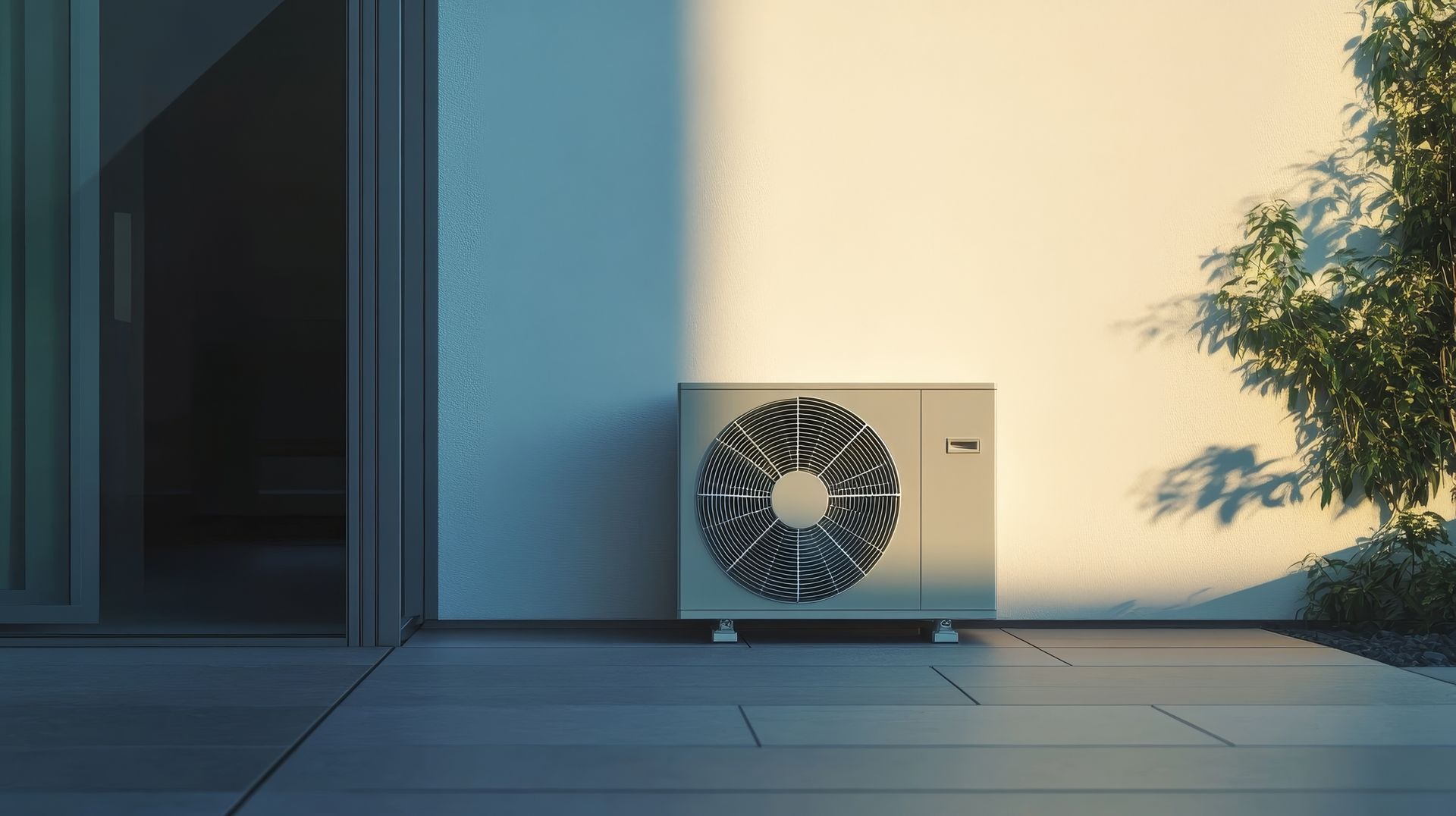 An air source heat pump on a patio next to a wall.