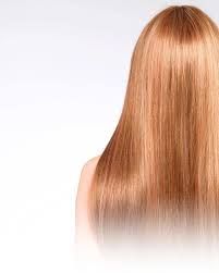 Primer plano del cabello liso, rubio fresa y hasta los hombros de una persona, visto desde atrás contra un fondo blanco.