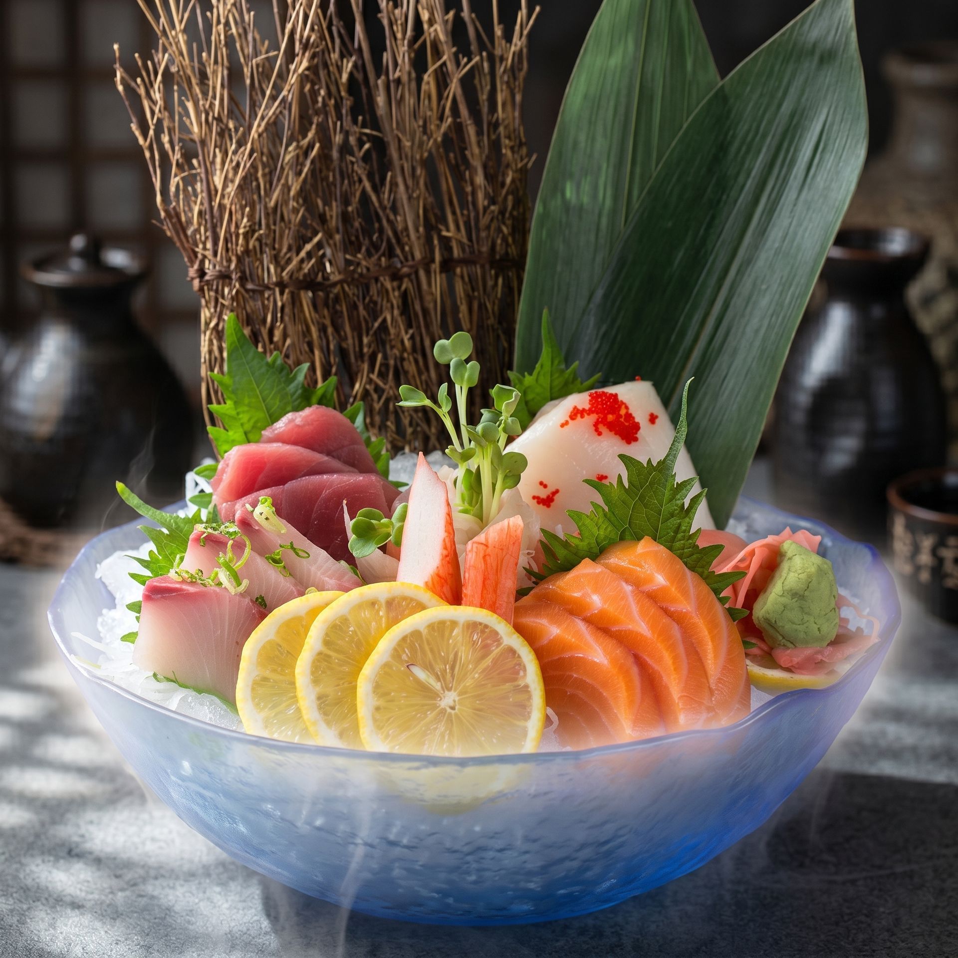 Assorted sashimi and lemon slices in a blue bowl, garnished with herbs and served on ice.