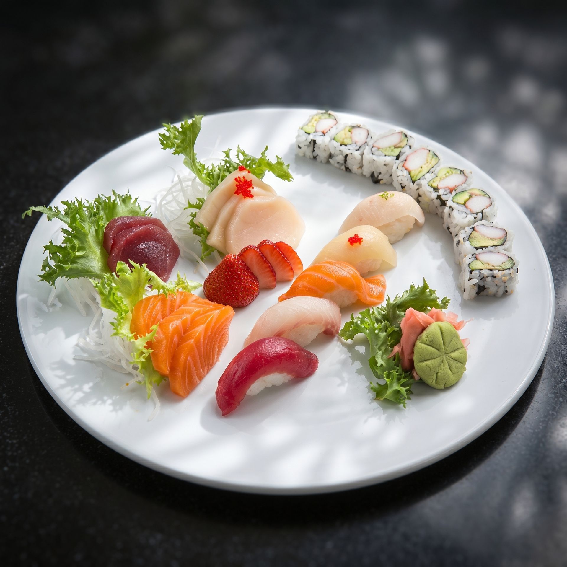 Sushi platter with assorted nigiri, sashimi, and maki on a white plate with garnish