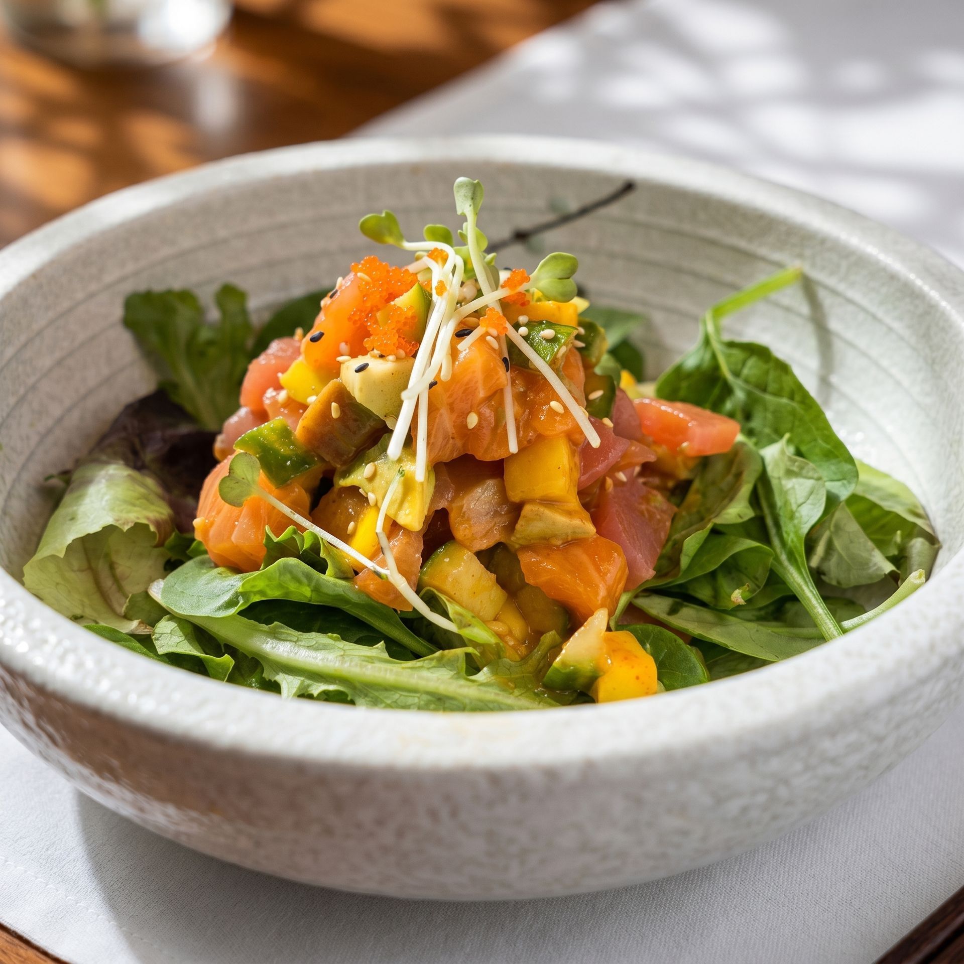 Colorful salad of greens topped with diced fruit and shredded garnish in a white bowl