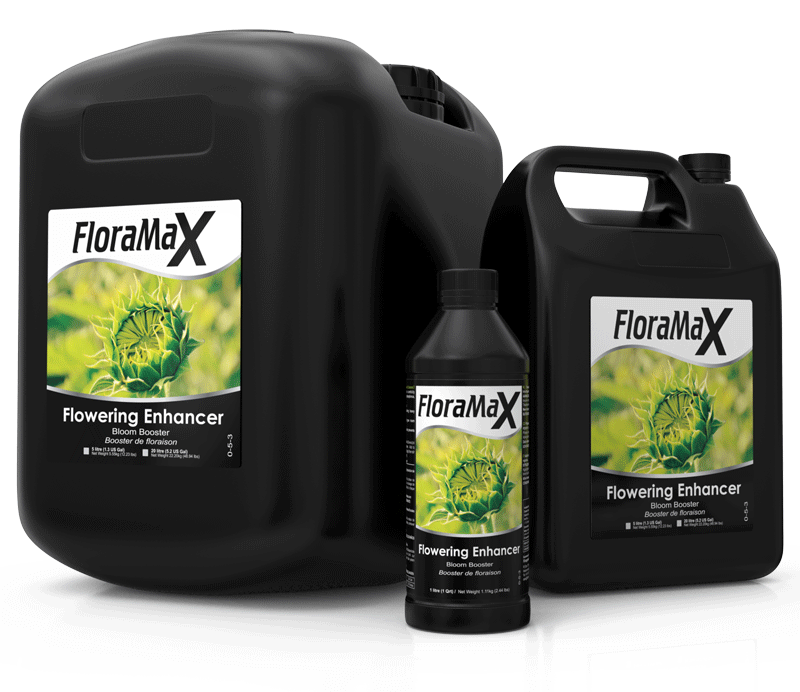Three bottles of floramax flowering enhancer are sitting next to each other on a white surface.